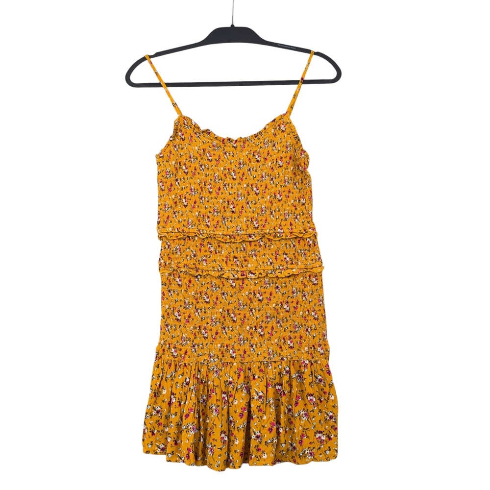 Aeropostale Women Smocked Floral Mini Dress Mustard Yellow Ruffle 6630 Small NEW